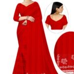 Vibrant Red Striped Saree with White Floral Print & Stone Work | Festive & Party Wear