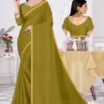 Elegant Mehendi Green Textured Saree with Golden Lace Border | Festive & Puja Wear
