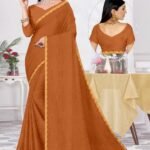 Elegant Terracotta Brown Textured Saree with Golden Scalloped Border | Festive & Party Wear