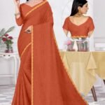 Elegant Terracotta Orange Textured Saree with Golden Lace Border | Festive & Party Wear