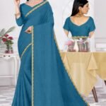Elegant Peacock Blue Textured Saree with Golden Lace Border | Festive Party Wear